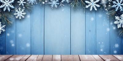 The primary subject of the image is a wooden wall with a blue background. The setting is a snowy environment, with snowflakes falling on the wooden surface. The visual style is a digital art, creating a wintery and cozy atmosphere. The dominant colors are blue and white, with the snowflakes adding a touch of white and the wooden wall providing a warm, natural backdrop.