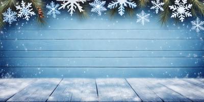The primary subject of the image is a wooden fence with a blue background. The setting is a snowy environment, with snow falling on the wooden fence. The visual style is a photo, capturing the snowy scene. The dominant colors are blue and white, creating a calm and serene atmosphere.