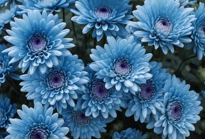 The primary subject of the image is a large group of blue flowers, which are the main focus of the scene. The flowers are arranged in a visually appealing manner, creating a sense of depth and beauty. The setting is a garden, with the flowers blooming in a field, surrounded by a natural environment. The visual style of the image is a close-up of the flowers, showcasing their vibrant colors and intricate details. The overall atmosphere of the image is serene and calming, with the blue flowers serving