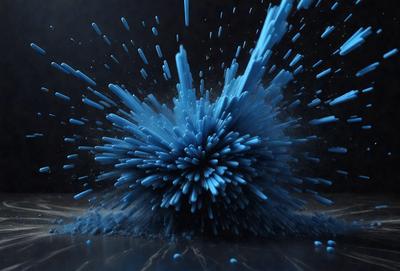 The primary subject of the image is a blue, swirling, and colorful explosion. The setting is a dark background, which contrasts with the vibrant colors of the explosion. The visual style appears to be a combination of a photo and digital art, creating a dynamic and eye-catching scene. The dominant colors are blue and purple, giving the explosion a lively and energetic atmosphere.