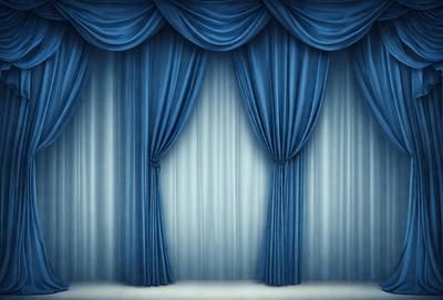 The primary subject of the image is a pair of blue curtains, which are the main objects in the scene. The curtains are hanging in front of a blue background, creating a striking contrast. The visual style of the image is a digital art or illustration, as the curtains are depicted in a detailed and realistic manner. The colors and mood of the image are predominantly blue, giving it a calm and serene atmosphere.