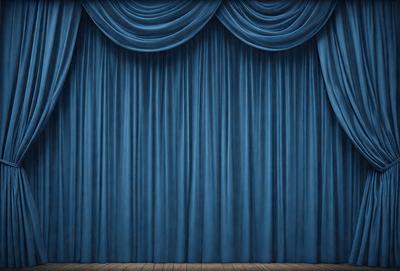 The primary subject of the image is a blue curtain, which is the main object, scene, or focus of the image. The setting is a stage, with the curtains hanging down, and the background is a blue curtain. The visual style is a digital art, illustration, or drawing, and the colors and mood are predominantly blue, creating a calm and serene atmosphere.