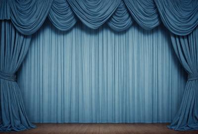The primary subject of the image is a blue curtain, which is the main object, scene, or focus of the image. The setting is a stage, with the curtain hanging down from the ceiling. The visual style is a photo, and the dominant colors are blue and purple, creating a calm and serene atmosphere.
