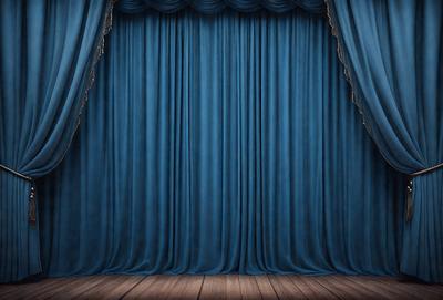 The primary subject of the image is a curtained stage with a blue curtain. The setting is a theater, and the visual style is a digital art or illustration. The dominant colors are blue and purple, creating a calm and serene atmosphere.