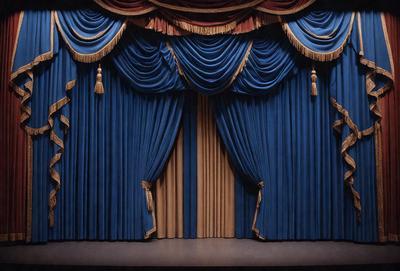 The primary subject of the image is a stage with a curtain. The stage is set against a blue curtain, which is part of a theater backdrop. The visual style of the image is a digital art or illustration, as it appears to be a painting or drawing of a stage with a curtain. The colors and mood of the image are predominantly blue, creating a calm and serene atmosphere.
