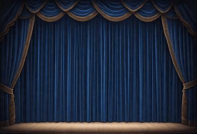 The primary subject of the image is a blue curtain, which is the main object, scene, or focus of the image. The setting is a stage, with the curtain hanging down in front of it. The visual style is a photo, and the colors and mood are predominantly blue, creating a calm and serene atmosphere.