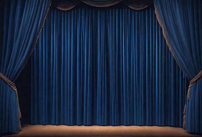 The primary subject of the image is a blue curtain, which is the main object, scene, or focus of the image. The setting is a stage, with the curtain hanging down in front of it. The visual style is a painting, which gives the image a more artistic and detailed appearance. The dominant colors are blue and white, creating a calm and serene atmosphere.