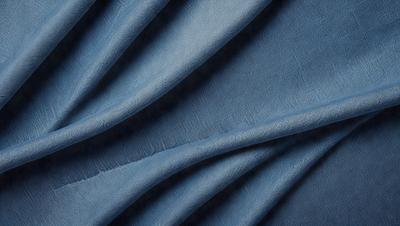 The primary subject of the image is a blue fabric, possibly a piece of leather, with a wrinkled texture. The setting is a dark room, and the visual style appears to be a close-up of the fabric. The colors and mood of the image are predominantly dark and moody, with the blue fabric being the main focus.