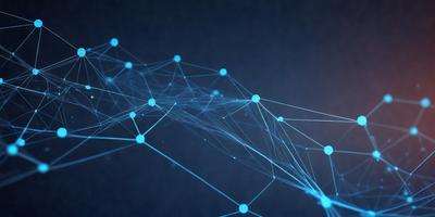 The primary subject of the image is a blue, three-dimensional network of interconnected lines. The setting is a dark background, which contrasts with the bright blue lines. The visual style is a digital art or illustration, as the lines are intricately connected and form a complex pattern. The colors and mood of the image are predominantly blue, creating a sense of depth and complexity.