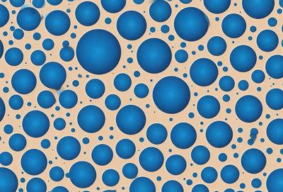 The primary subject of the image is a pattern of blue bubbles, which are scattered across a surface. The setting appears to be a wall or a patterned background, and the visual style is a combination of a photo and digital art. The dominant colors in the image are blue and white, creating a calm and soothing atmosphere.