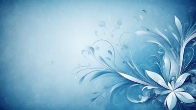 The primary subject of the image is a blue and white floral design. The setting is a blue background, and the visual style is digital art. The dominant colors are blue and white, creating a calm and serene atmosphere.