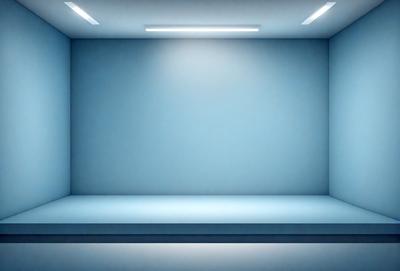 The primary subject of the image is a blue wall with a white light shining on it. The setting is a room with a blue wall, and the visual style is a photo. The dominant colors are blue and white, creating a calm and serene atmosphere.