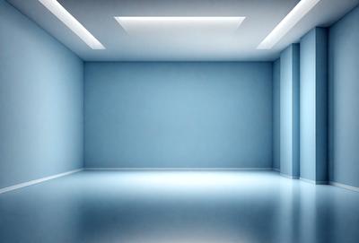 The primary subject of the image is a large, empty room with a blue wall. The setting is a white room with a blue wall, and the visual style is a photo. The colors and mood of the image are predominantly blue, creating a calm and serene atmosphere.