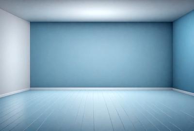 The primary subject of the image is a large, empty room with a blue wall. The setting is a white room with a blue wall, and the visual style is a photo. The colors and mood of the image are predominantly blue, creating a calm and serene atmosphere.