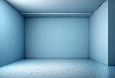 The primary subject of the image is a large, empty room with a blue wall. The setting is a white room with a blue wall, and the visual style is a photo. The colors and mood of the image are predominantly blue, creating a calm and serene atmosphere.