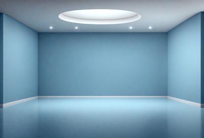 The primary subject of the image is a large, empty room with a blue wall. The room appears to be a large, open space with a blue ceiling. The setting is a room with a blue wall and a blue ceiling, creating a calm and serene atmosphere. The visual style of the image is a photo, capturing the room's emptiness and the blue color scheme.