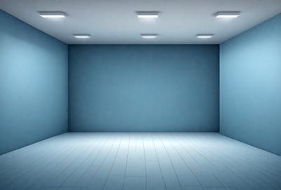 The primary subject of the image is a large, empty room with a blue wall. The setting is a white room with a blue wall, and the visual style is a photo. The colors and mood of the image are predominantly blue, creating a calm and serene atmosphere.
