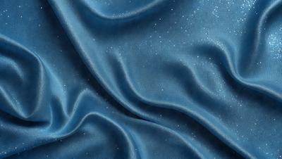 The primary subject of the image is a blue fabric with a shiny texture, possibly a silk or satin material. The setting is a close-up view of the fabric, showcasing its unique texture and appearance. The visual style is a detailed, realistic representation of the fabric, capturing its intricate details. The colors and mood of the image are predominantly blue, creating a calm and serene atmosphere.