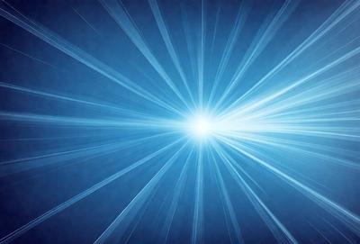 The primary subject of the image is a bright light source, possibly a star or a light bulb, that is shining through a blue sky. The setting is a clear, cloudless sky, which provides a contrasting backdrop for the light source. The visual style of the image is a combination of photo and digital art, as it captures the light source's rays and the blue sky's texture. The colors in the image are predominantly blue, with the light source being the main focus and creating a sense of