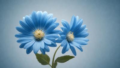 The primary subject of the image is a pair of blue flowers, with one flower on the left and the other on the right. The flowers are placed against a white background, which creates a clean and minimalist visual style. The dominant colors in the image are blue and white, giving the scene a calm and serene atmosphere.