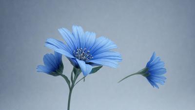 The primary subject of the image is a pair of blue flowers, with one flower being larger and more prominent than the other. The flowers are placed against a white background, which creates a clean and minimalist visual style. The colors of the flowers are predominantly blue, giving the image a calm and serene atmosphere.