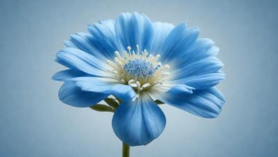 The primary subject of the image is a blue flower with white petals. The setting is a blue background, which creates a striking contrast with the flower. The visual style is a close-up of the flower, showcasing its details. The dominant colors are blue and white, giving the image a calm and serene atmosphere.