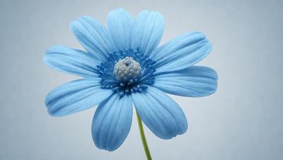 The primary subject of the image is a blue flower with a white center. The setting is a white background, which provides a clean and minimalistic look. The visual style is a close-up of the flower, showcasing its details. The dominant colors are blue and white, creating a calm and serene atmosphere.