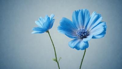 The primary subject of the image is a pair of blue flowers, with one flower being larger and the other being smaller. They are both sitting on a stem, and they are placed against a gray background. The visual style of the image is a photo, and the dominant colors are blue and gray. The overall atmosphere of the image is calm and serene.