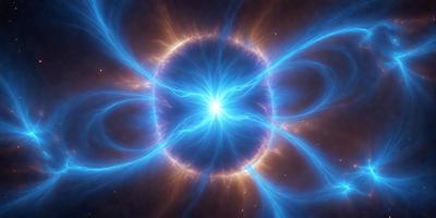 The primary subject of the image is a blue, glowing, and swirling nebula. The setting is a dark, starry sky, and the visual style is a combination of a photo and digital art. The dominant colors are blue and orange, creating a vibrant and energetic atmosphere.