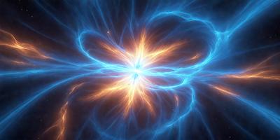 The primary subject of the image is a bright blue nebula, which is a swirling mass of gas and dust in space. The setting is a dark, starry sky, with the nebula standing out as the main focus. The visual style is a combination of a photo and digital art, creating a vibrant and captivating scene. The dominant colors are blue and orange, with the blue nebula contrasting against the orange background. The overall atmosphere is one of wonder and awe, as the viewer