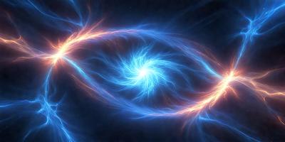 The primary subject of the image is a blue, swirling, and glowing nebula. The setting is a dark, starry sky, and the visual style is a digital art or illustration. The dominant colors are blue and orange, creating a vibrant and captivating atmosphere.