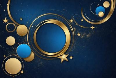 The primary subject of the image is a blue circle with a gold border, which is placed on a blue background. The visual style of the image is digital art, as it appears to be a digital illustration or drawing. The colors and mood of the image are predominantly blue and gold, creating a sense of elegance and sophistication.