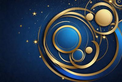 The primary subject of the image is a blue circle with gold accents, which is set against a blue background. The visual style appears to be a combination of digital art and illustration, creating a unique and eye-catching design. The colors and mood of the image are predominantly blue and gold, giving it a sense of elegance and sophistication.