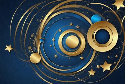 The primary subject of the image is a blue and gold celestial scene featuring a variety of stars, planets, and a moon. The setting is a blue background, and the visual style appears to be a combination of digital art and illustration. The colors and mood of the image are predominantly blue and gold, creating a sense of depth and elegance.