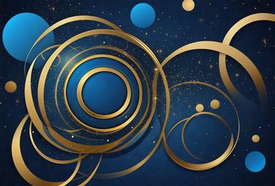 The primary subject of the image is a blue circle with a gold ring around it. The setting is a blue background, and the visual style is a digital art or illustration. The dominant colors are blue and gold, creating a calm and serene atmosphere.