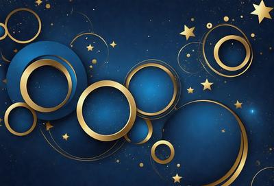 The primary subject of the image is a blue background with a pattern of gold circles and stars. The setting is a night sky, and the visual style is a combination of digital art and illustration. The dominant colors are blue and gold, creating a serene and celestial atmosphere.