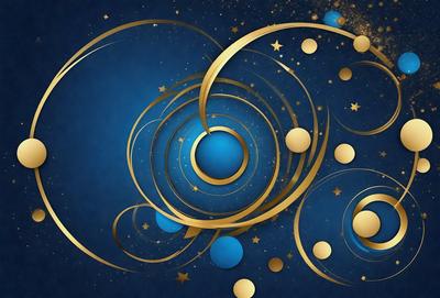 The primary subject of the image is a blue and gold spiral design, which is the main focus of the image. The setting is a blue background, and the visual style is a combination of digital art and illustration. The colors and mood of the image are predominantly blue and gold, creating a sense of elegance and sophistication.