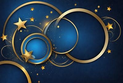 The primary subject of the image is a blue background with gold stars and circles. The setting is a night sky, and the visual style is a digital art or illustration. The dominant colors are blue and gold, creating a calm and serene atmosphere.