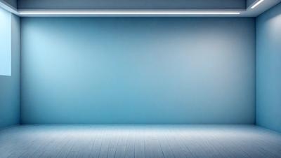 The primary subject of the image is a large, empty blue room with a white wooden floor. The setting is a clean, minimalist space with a blue wall. The visual style is a realistic, high-resolution photograph. The colors and mood of the image are predominantly blue, creating a calm and serene atmosphere.