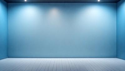 The primary subject of the image is a large, empty room with a blue wall. The setting is a white room with a blue wall, and the visual style is a photo. The colors and mood of the image are predominantly blue, creating a calm and serene atmosphere.