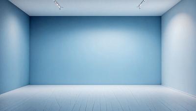 The primary subject of the image is a large, empty room with a blue wall. The setting is a white room with a blue wall, and the visual style is a photo. The colors and mood of the image are predominantly blue, creating a calm and serene atmosphere.