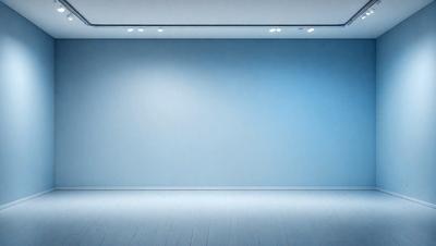 The primary subject of the image is a large, empty room with a blue wall. The setting is a white room with a blue wall, and the visual style is a photo. The room appears to be a large, empty space with a blue wall, and the colors and mood are predominantly blue, creating a calm and serene atmosphere.