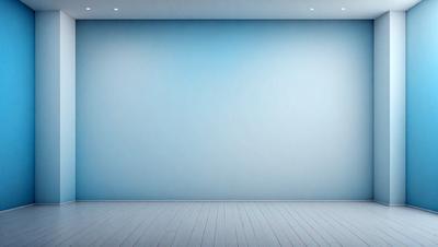 The primary subject of the image is a large, empty white room with a blue wall. The setting is a clean, minimalistic space, and the visual style is a realistic, non-digital representation of the room. The colors and mood of the image are predominantly white and blue, creating a calm and serene atmosphere.