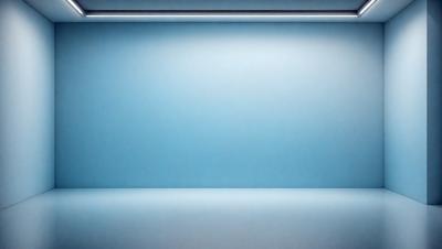 The primary subject of the image is a large, empty blue wall. The setting is a room with a blue background, and the visual style is a photo. The dominant colors are blue and white, creating a calm and serene atmosphere.