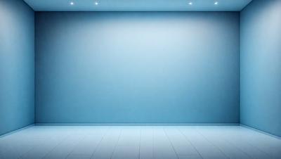 The primary subject of the image is a large, empty room with a blue wall. The setting is a clean, white room with a blue wall, and the visual style is a photo. The colors and mood of the image are predominantly blue, creating a calm and serene atmosphere.