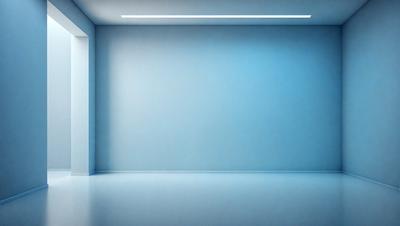 The primary subject of the image is a large, empty room with a blue wall. The setting is a white room with a blue wall, and the visual style is a photo. The colors and mood of the image are predominantly blue, creating a calm and serene atmosphere.