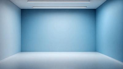 The primary subject of the image is a large, empty room with a blue wall. The setting is a white room with a blue wall, and the visual style is a photo. The colors and mood of the image are predominantly blue, creating a calm and serene atmosphere.