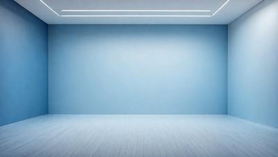 The primary subject of the image is a large, empty room with a blue wall. The setting is a spacious, clean environment, and the visual style is a photo. The room has a calm and serene atmosphere, with the blue wall providing a soothing backdrop.