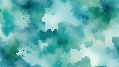 The primary subject of the image is a watercolor painting featuring a blue and green color scheme. The setting is a cloudy sky, and the visual style is a watercolor painting. The colors and mood of the painting are serene and calming, with the blue and green hues creating a sense of tranquility.
