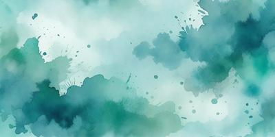 The primary subject of the image is a watercolor painting featuring a blue and green color scheme. The setting is a cloudy sky, and the visual style is a watercolor painting. The colors and mood of the painting are serene and calming, with the blue and green hues creating a sense of tranquility.